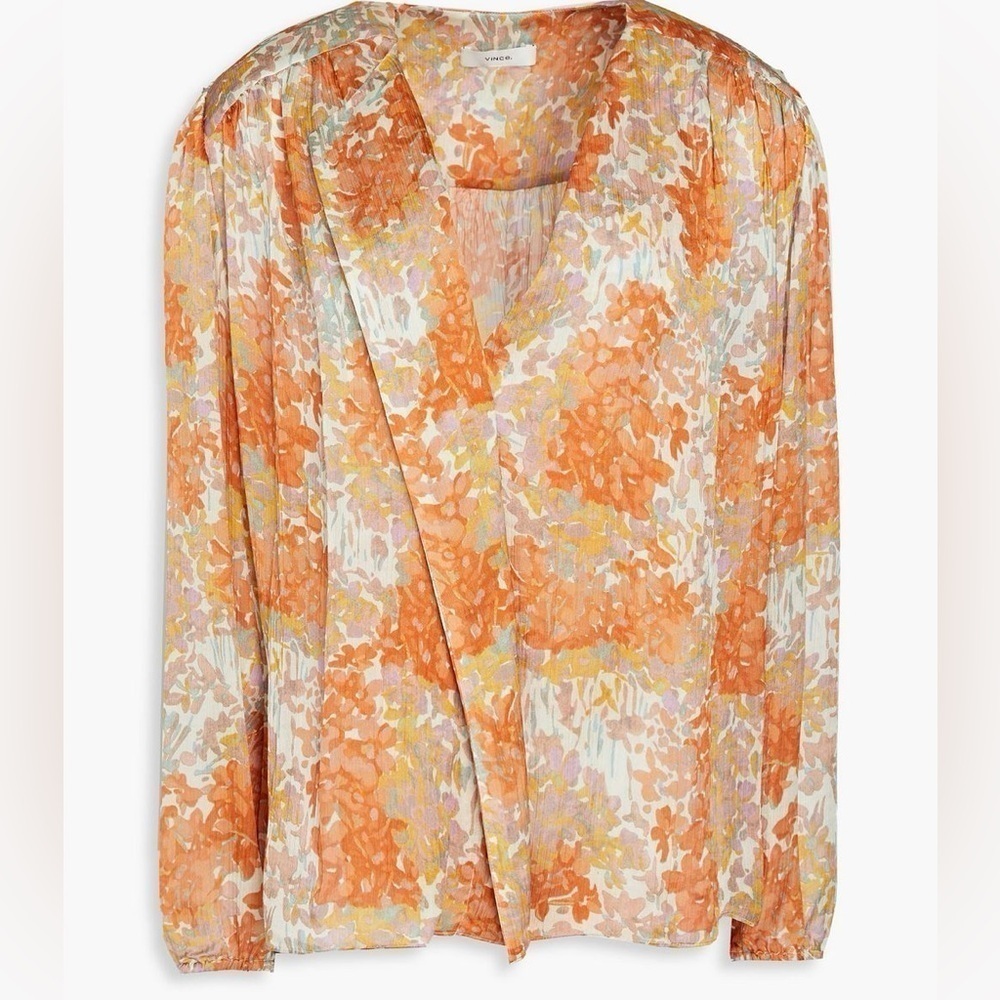VINCE Silk Floral Print Long Sleeve Blouse Orange Fantasy Small - Picture 5 of 15